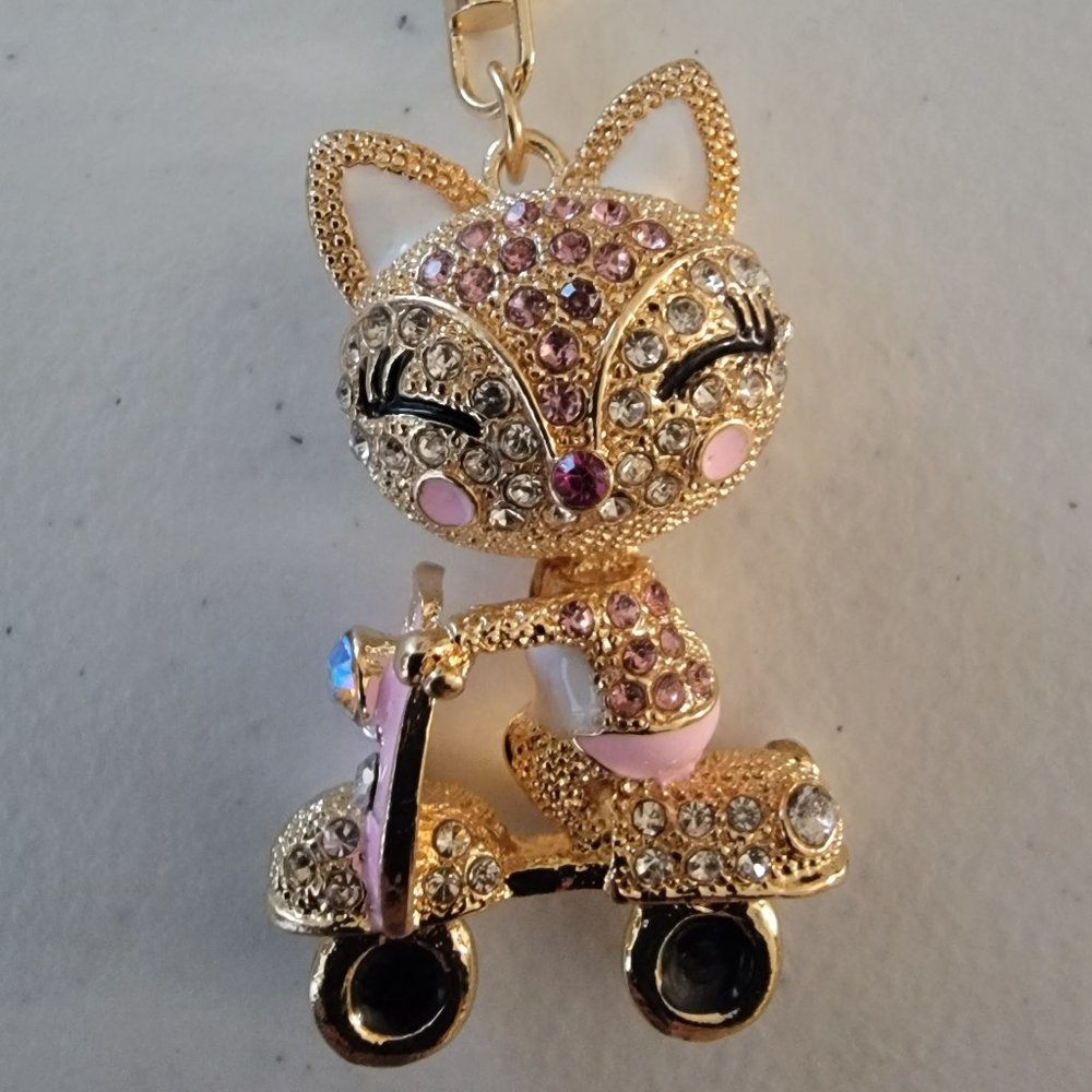 Rhinestone Cat Purse Charm Keychain Pink Crystal Kitty Scooter Handbag Charm - Picture 2 of 6